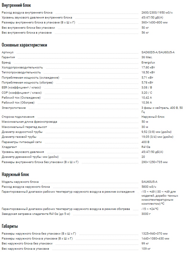 Кондиционер канального типа Energolux DUCT SAD60D6-A/SAU60U6-A